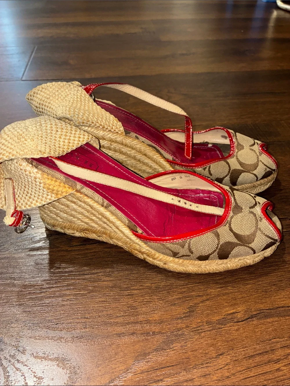 Y2K Coach Tan Signature Canvas Espadrille Wedges with Raspberry Trim SZ 8
